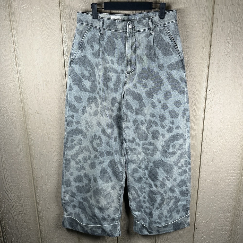 Anthropologie Pilcro Leon Double Hem Wide-Leg Cuffed Jeans 28 Gray Animal Print